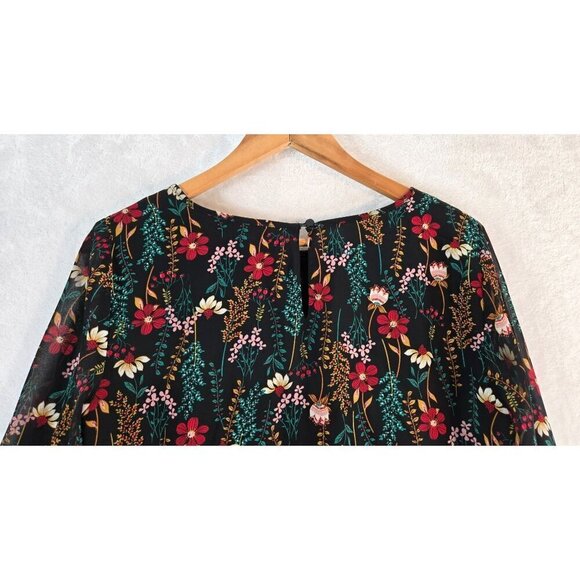 Floral Blouse Black Multi Color Nine West S Long Sheer Sleeve Lined Body Career - Picture 7 of 13